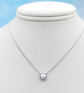 Pearl with Diamond Halo Necklace - 14K White Gold