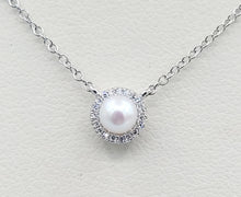 Load image into Gallery viewer, Pearl with Diamond Halo Necklace - 14K White Gold