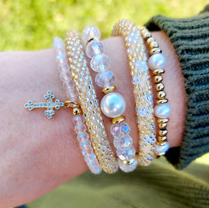 "I am Blessed" - Pearl & Gold Bracelet Stack Set