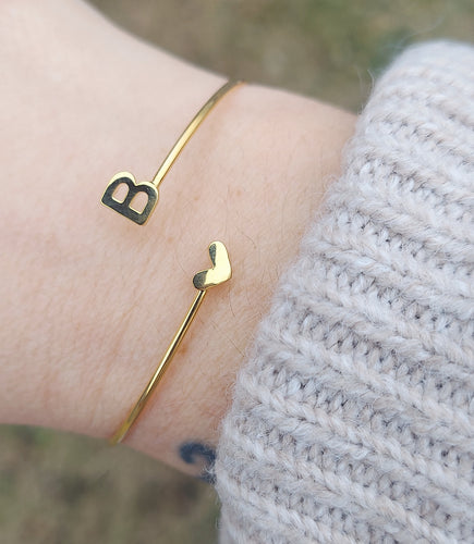 Heart and Letter Bypass Bangle - Gold