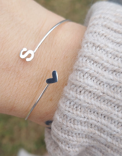 Heart and Letter Bypass Bangle Bracelet - Silver