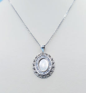 Mother Mary Filigree & CZ Pendant & Chain - Sterling Silver