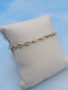 Tri Gold Puffed Mariner Link Bracelet - 14K