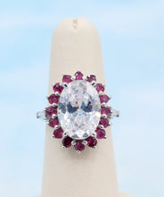 Load image into Gallery viewer, Ruby and Oval CZ Custom Floral Design Ring - 14K White Gold