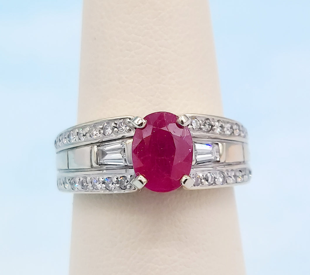 Ruby & Diamond Ring - 14K White Gold- Estate Piece