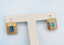 Load image into Gallery viewer, Blue Topaz Leverback Earrings with Detail - 14K Yellow Gold