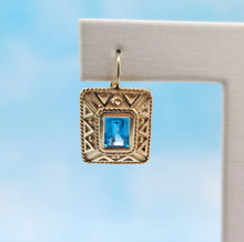 Load image into Gallery viewer, Blue Topaz Leverback Earrings with Detail - 14K Yellow Gold