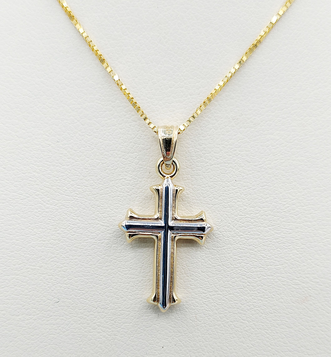 Reversible Two Tone Hollow Cross Pendant on Box Chain - 14K & 18K Gold