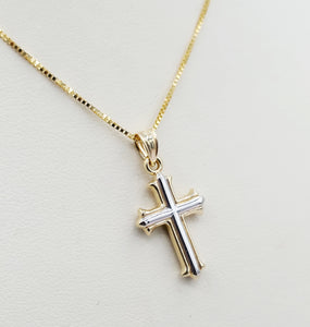 Reversible Two Tone Hollow Cross Pendant on Box Chain - 14K & 18K Gold