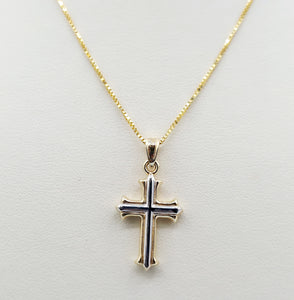 Reversible Two Tone Hollow Cross Pendant on Box Chain - 14K & 18K Gold