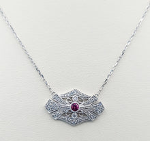Load image into Gallery viewer, Vintage Style Diamond Necklace with Ruby Accent - 14K White Gold