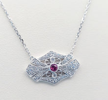 Load image into Gallery viewer, Vintage Style Diamond Necklace with Ruby Accent - 14K White Gold