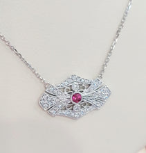 Load image into Gallery viewer, Vintage Style Diamond Necklace with Ruby Accent - 14K White Gold
