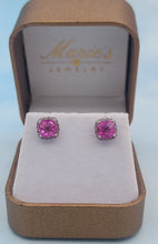 Load image into Gallery viewer, Pink Corundum with Diamond Halo Stud Earrings - 14K White Gold