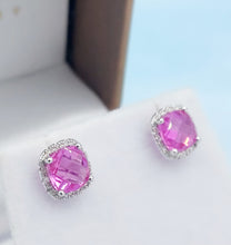 Load image into Gallery viewer, Pink Corundum with Diamond Halo Stud Earrings - 14K White Gold