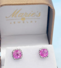 Load image into Gallery viewer, Pink Corundum with Diamond Halo Stud Earrings - 14K White Gold