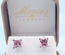 Load image into Gallery viewer, Baby Pink Topaz Princess Cut Stud Screwback Earrings - 14K White Gold