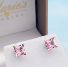 Load image into Gallery viewer, Baby Pink Topaz Princess Cut Stud Screwback Earrings - 14K White Gold