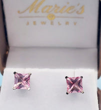 Load image into Gallery viewer, Baby Pink Topaz Princess Cut Stud Screwback Earrings - 14K White Gold