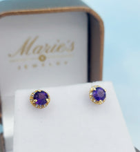 Load image into Gallery viewer, Amethyst Stud Earrings with Diamond Halo - 14K Yellow Gold