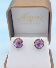 Load image into Gallery viewer, Amethyst with Diamond Halo Post Earrings - 14K Rose Gold