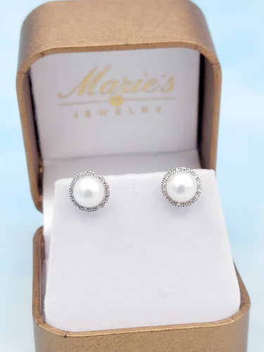 Pearl with Diamond Halo Stud Earrings - 14K White Gold