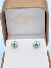 Load image into Gallery viewer, Emerald and Diamond Stud Earrings - 14K White Gold