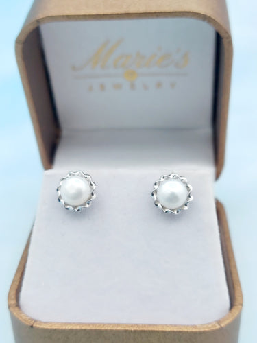 Pearl Stud Earrings with Detail - Sterling Silver