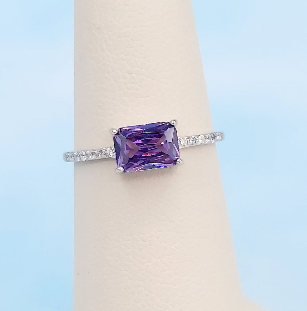 Amethyst Emerald Cut Ring - Sterling Silver