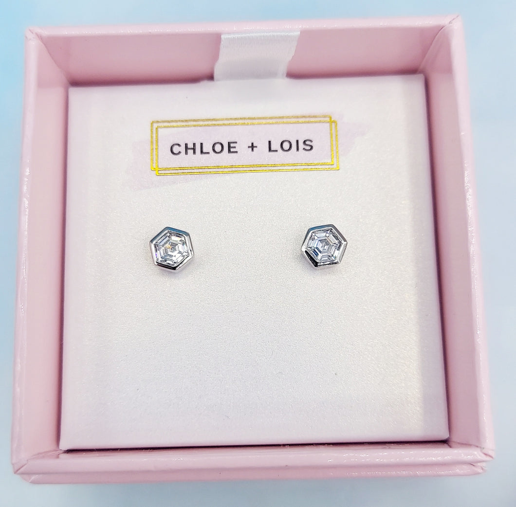 Mini Hex Stud Earrings White CZ -Chloe and Lois