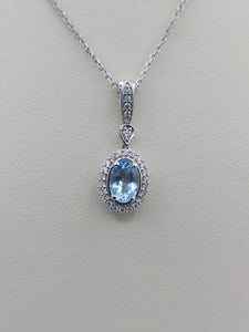 Oval Aquamarine with Diamond Halo Pendant & Chain - 14K White Gold