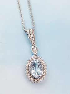 Oval Aquamarine with Diamond Halo Pendant & Chain - 14K White Gold