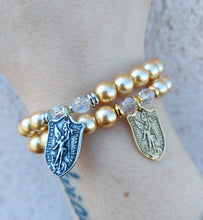 Load image into Gallery viewer, St. Michael Champagne Pearl Religious Stash Bracelet