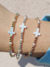 Load image into Gallery viewer, &quot;Opal Cross with Pearls &amp; Crystals&quot; Beaded Bracelet- Our Whole Heart