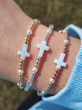 Load image into Gallery viewer, &quot;Opal Cross with Pearls &amp; Crystals&quot; Beaded Bracelet- Our Whole Heart