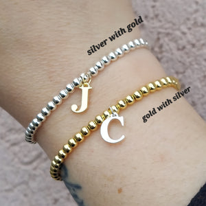 Silver Beads with Gold Letter - Stretch Bracelet
