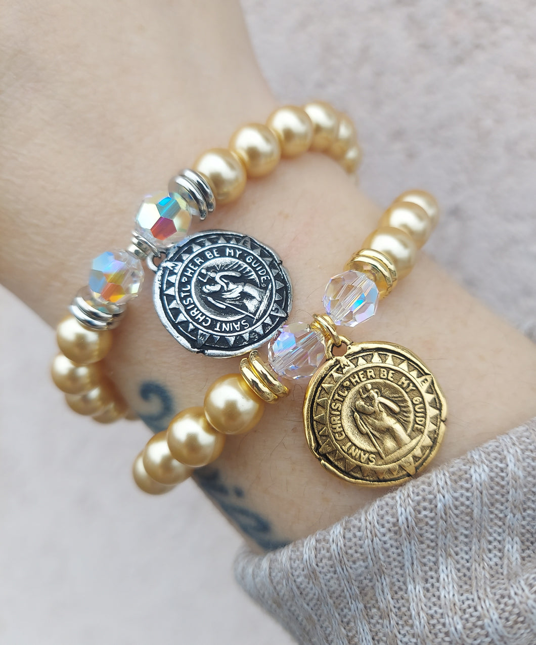 St. Christopher on Champagne Pearl - Religious Stash Bracelet