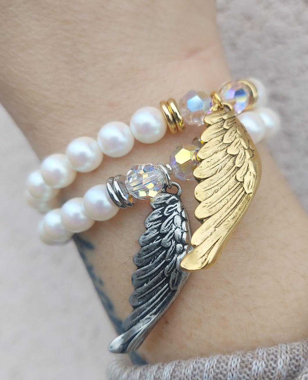 Angel Wing on White Pearl - Religious Stash Bracelet