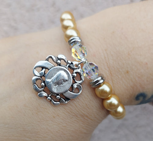 Mother Mary with Filigree on Champagne Pearl - Religious Stash Bracelet