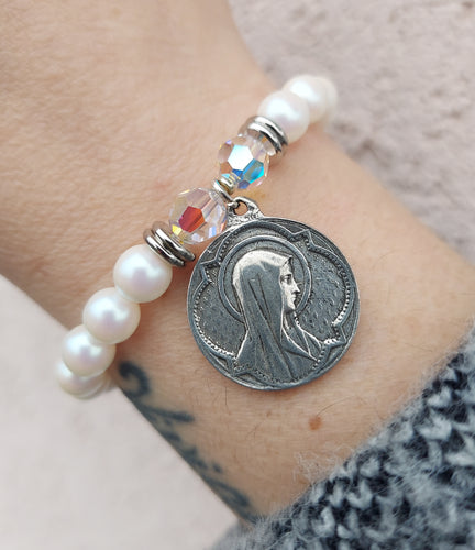 Mother Mary Round Medal on White Pearl - Religious Stash Bracelet