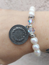 Load image into Gallery viewer, Mother Mary Round Medal on White Pearl - Religious Stash Bracelet