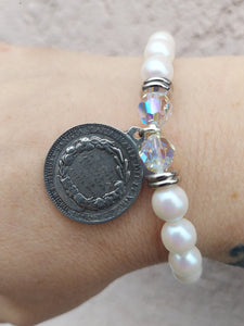 Mother Mary Round Medal on White Pearl - Religious Stash Bracelet