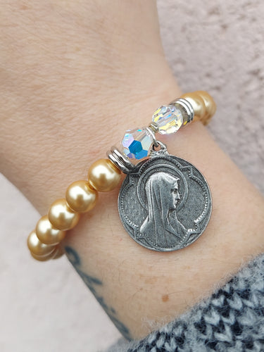 Mother Mary Round Medal on Champagne Pearl - Religious Stash Bracelet