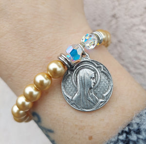 Mother Mary Round Medal on Champagne Pearl - Religious Stash Bracelet