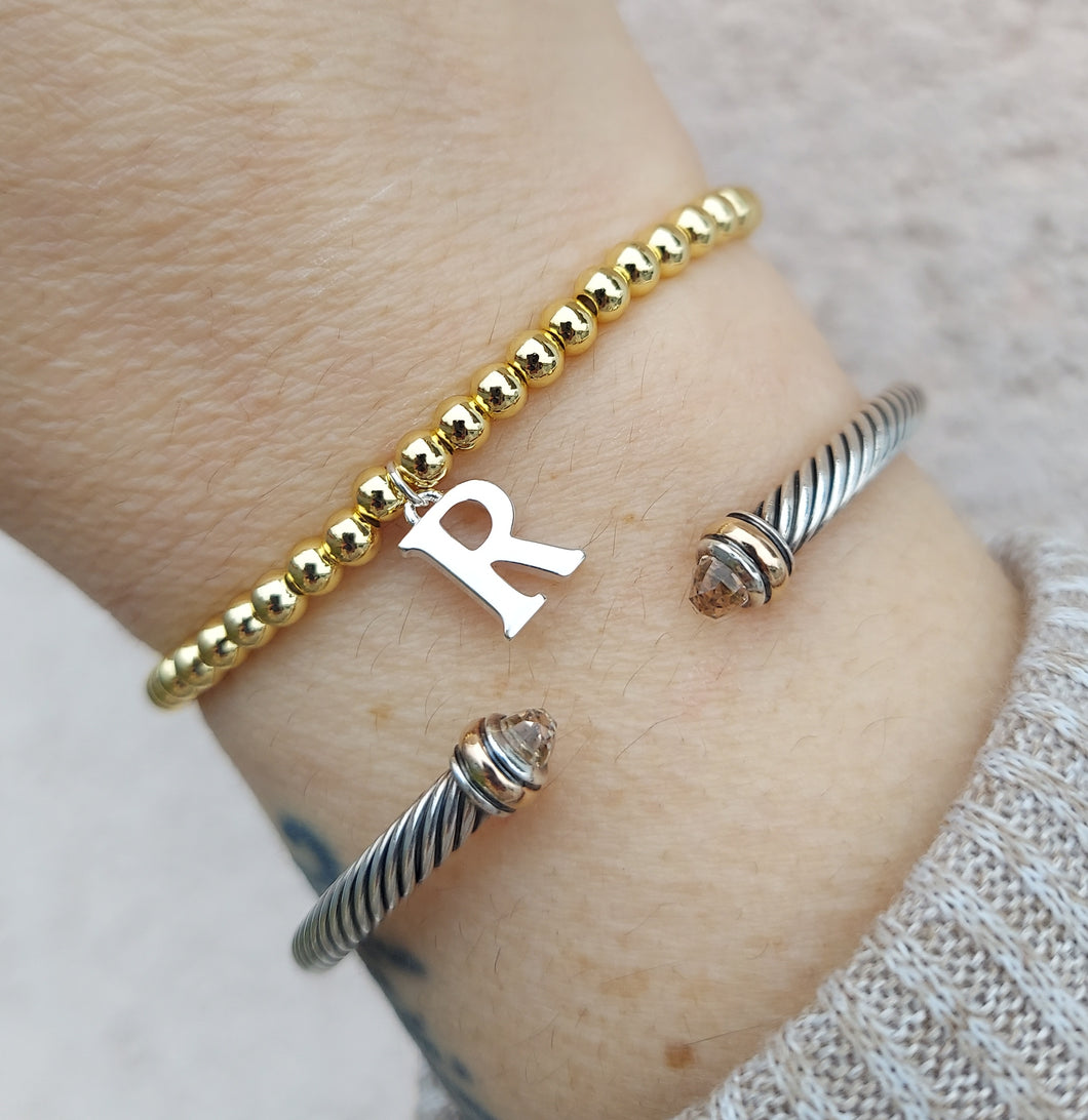 Gold Beads With Silver Letter - Stretch Bracelet