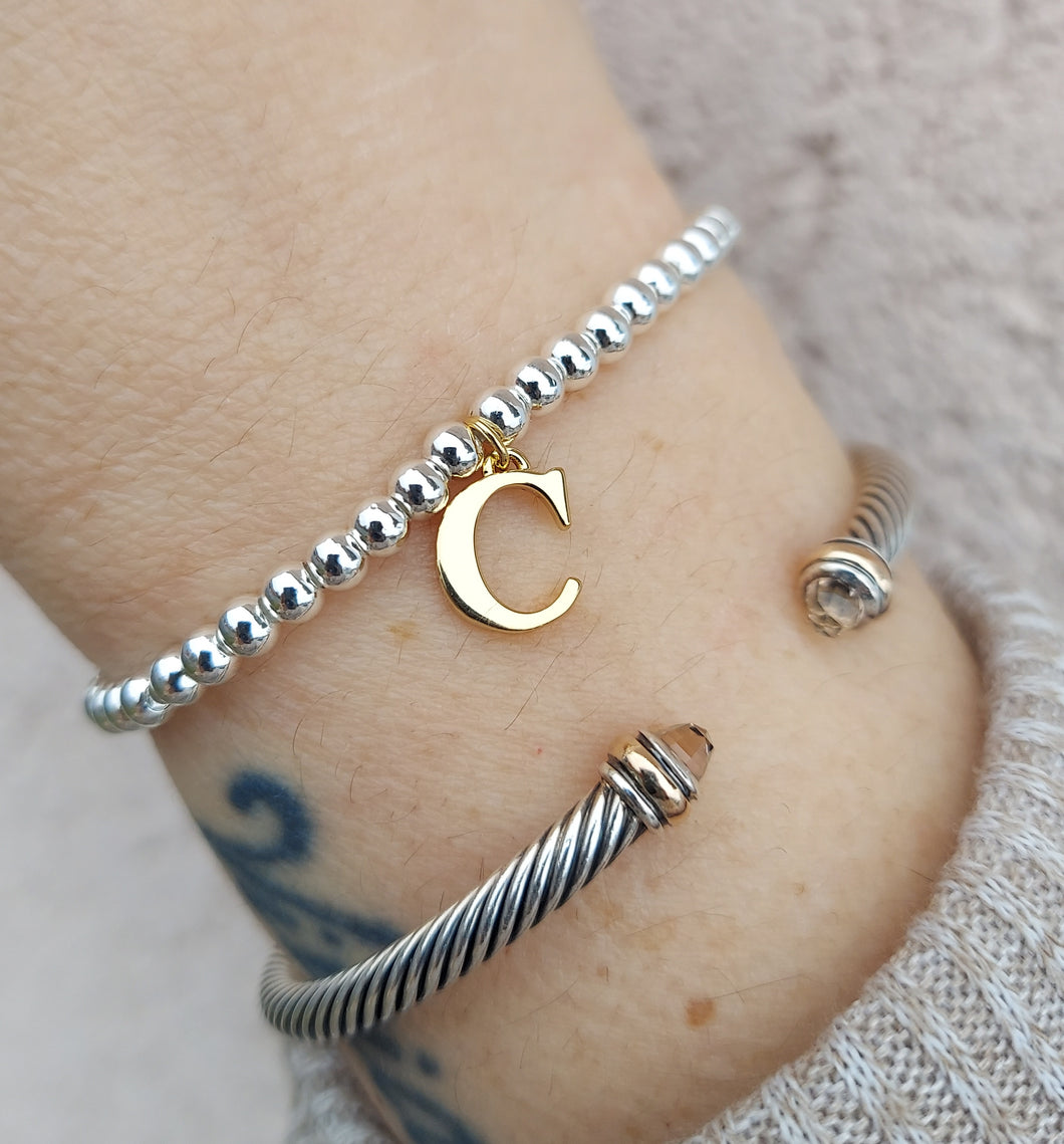 Silver Beads with Gold Letter - Stretch Bracelet