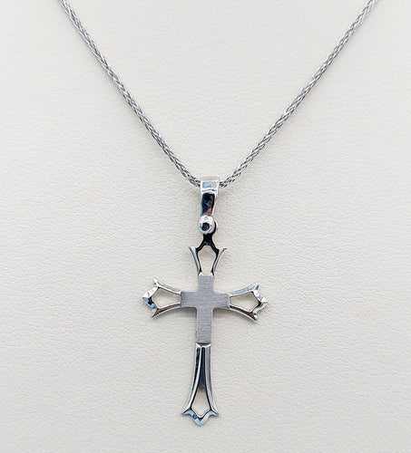 Polished & Satin Cross on Wheat Chain - 14K White Gold