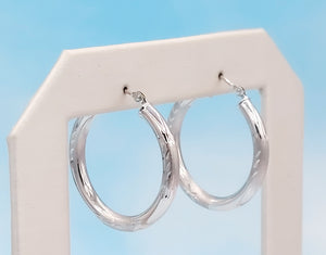 1" White Gold Polished & Patterned Hoops - 14K White Gold
