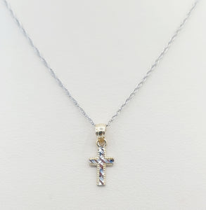 Tiny Diamond-Cut Cross Pendant & 14" White Gold Chain