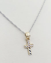 Load image into Gallery viewer, Tiny Diamond-Cut Cross Pendant &amp; 14&quot; White Gold Chain
